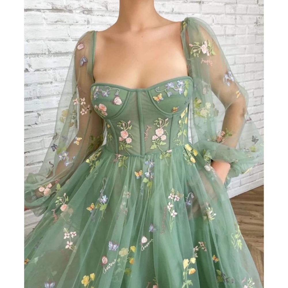 Women's Puffy Sleeve Prom Dresses Flower Embroidery Tulle - Picture 5 of 6